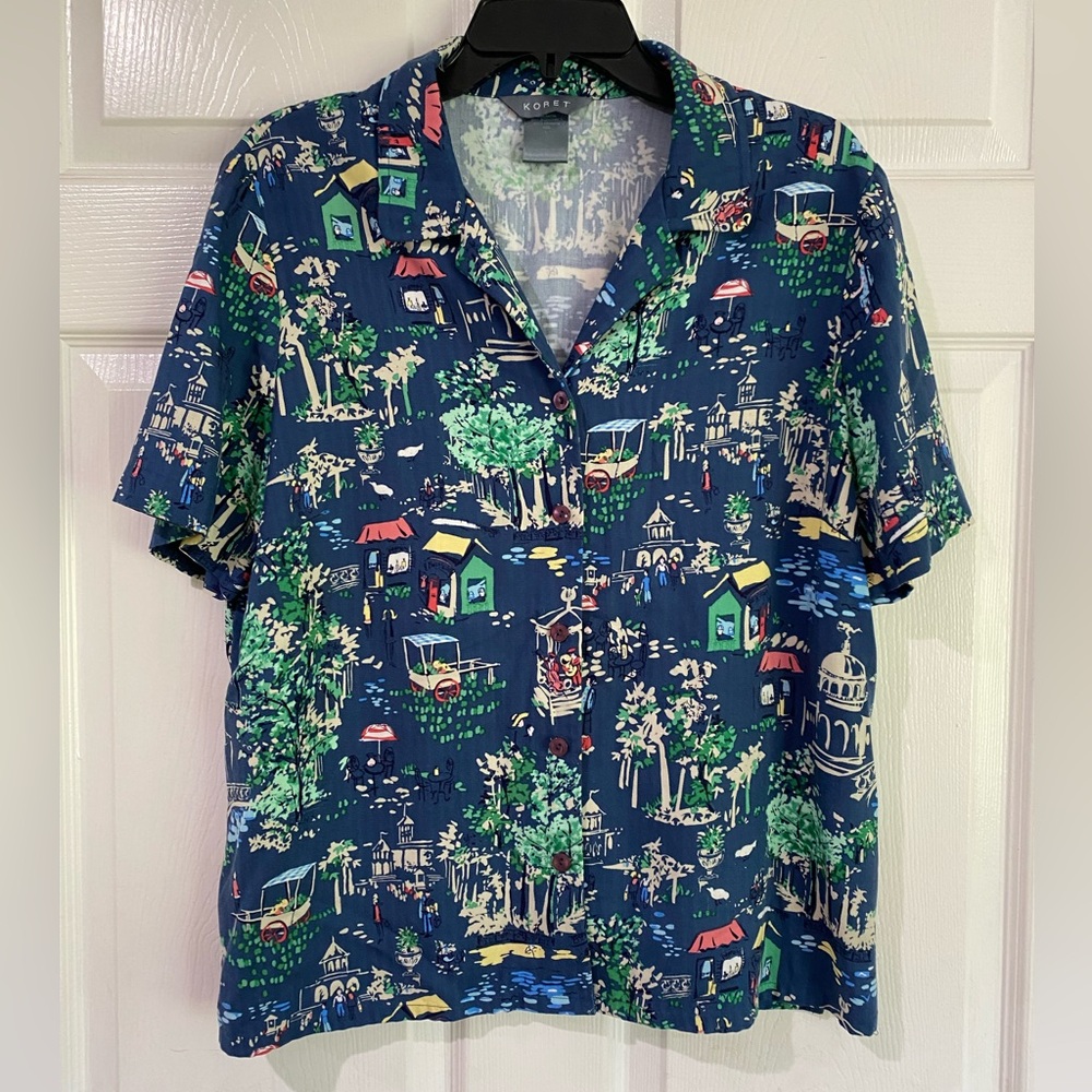 Koret Womens Short Sleeve Button Down Novelty Italian Village Blouse Top Size L